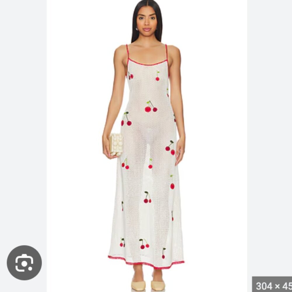 Sweet Girl Cherry Crochet Fruit Print Knit Maxi Dress White Red Size Large - Picture 2 of 9